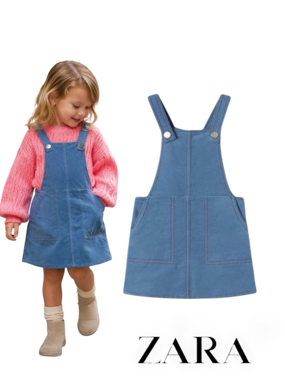ZARA Kids Blue Fine Waled Corduroy Overall Dress NWT Size 4T or 5T
